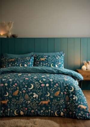 Zestaw dwustronnych poszewek na kołdrą Zaczarowane zwierząta zmierzchu Leśna zieleń