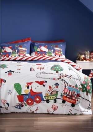 Granatowy zestaw poszewek na kołdrą świąteczne elfy