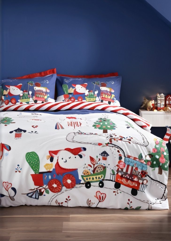 Granatowy zestaw poszewek na kołdrą świąteczne elfy
