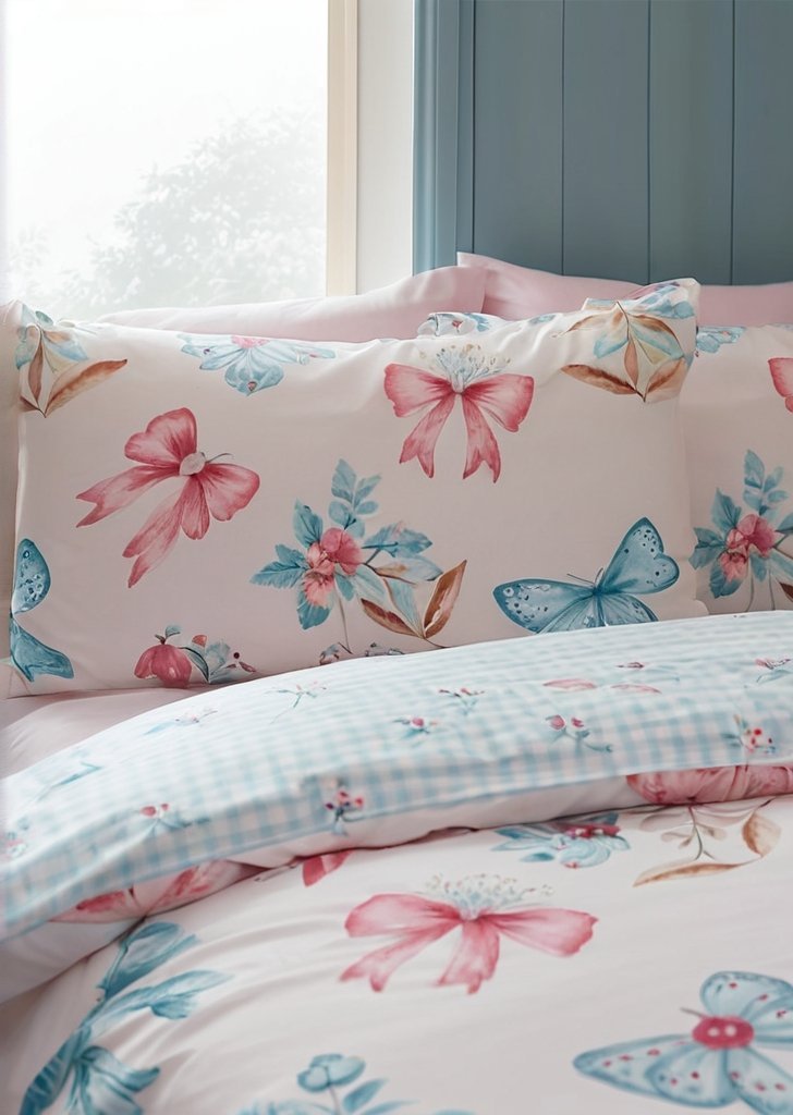 Zestaw dwustronnych poszewek na kołdrą w kolorze różowym, bożonarodzeniowe kokardki i dzwonki - obrazek 3