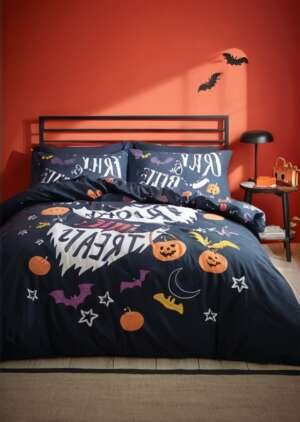 Czarny zestaw dwustronnych poszewek na kołdrą Cukierek albo psikus na Halloween