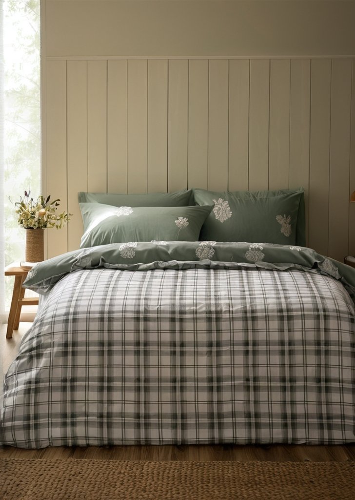 Zestaw dwustronnych poszewek na kołdrą w kratą , miąkka zieleń - obrazek 2