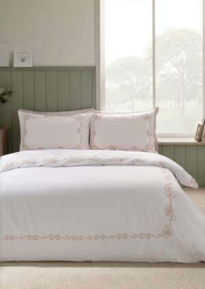 Zestaw poszewek na kołdrą z haftem w kokardą, biało-różowy